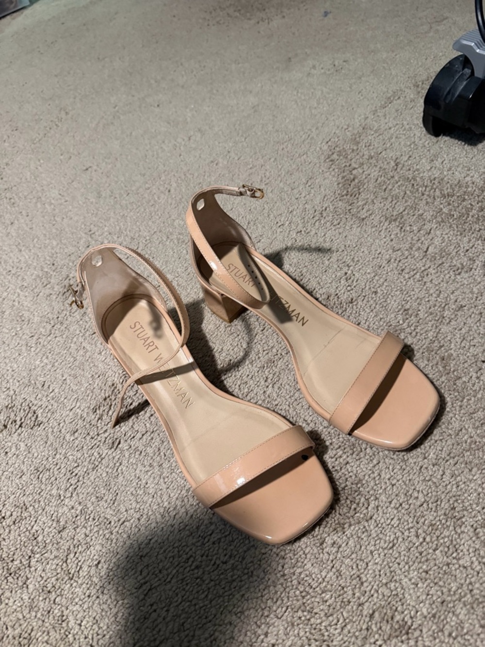 Stuart Weitzman Nude Patent Ankle-Strap Block Heel Sandals